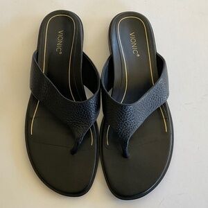 VIONIC Agrave Comfort Toe Post Sandal Flip Flop Black Leather Size 9.5